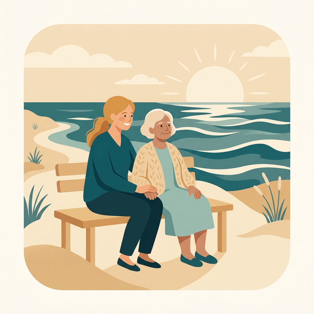 Illustration d'une accompagnante assise avec une résidente sur un banc, face à la mer.